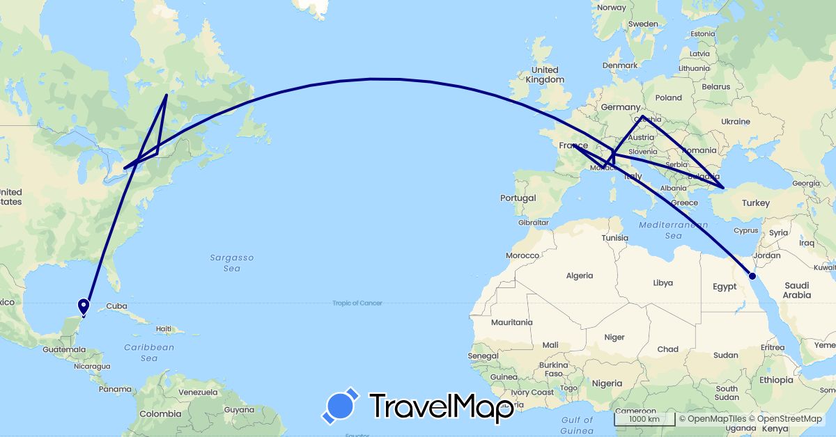 TravelMap itinerary: driving in Canada, Switzerland, Czech Republic, Egypt, France, Italy, Mexico, Turkey (Africa, Asia, Europe, North America)